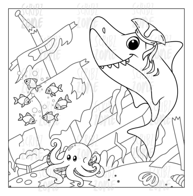 Captain Shark & octopus finding treasure - coloring book - My color adventure: sea animals